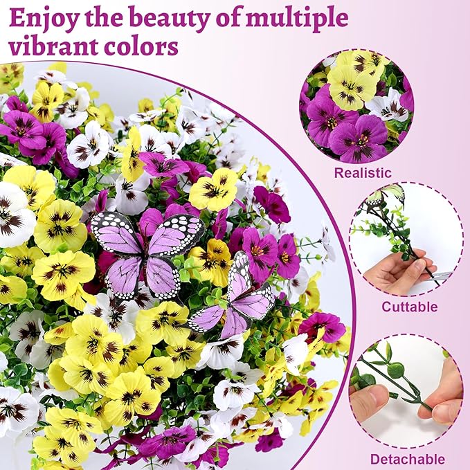 Artificial Flowers for Outdoor, 18 Bundles UV Resistant Faux Silk Pansy Flowers with Butterfly Accents, Realistic Fake Plants for Planters, Window Boxes & Grave Decor, 15 Bundles + 3 Butterflies