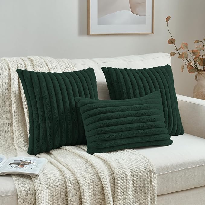 FUTEI Dark Green Decorative Throw Pillow Covers Set of 2, 12x20 Inch Soft Fluffy Faux Fur Plush Striped Lumbar Pillowcases, Modern Home Decor for Couch Bed Living Room