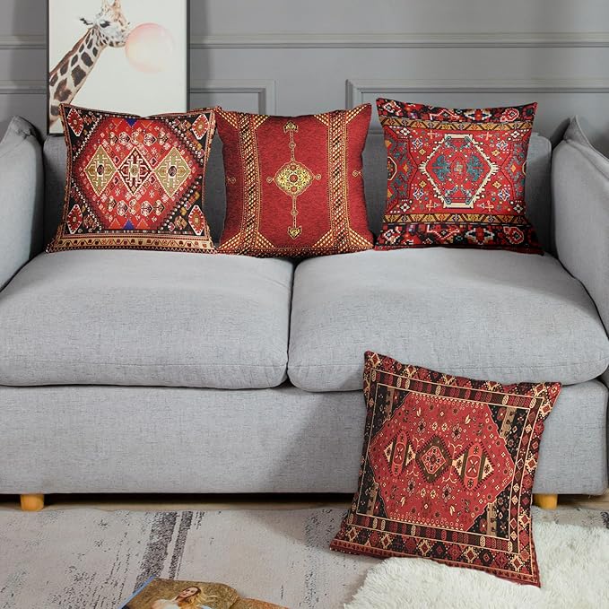 Britimes Throw Pillow Covers Geometric Kilim Moroccan Home Decor Set of 4 Oriental Ikat Pillow Cases Living Room Decorative 16 x 16 Inches Cushion Couch Sofa Pillowcases Colorful Red Tribal
