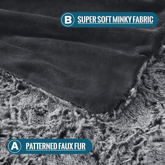 KAWAHOME Faux Fur Blanket Queen Size Winter Ultra Luxury Soft Cozy Warm Fluffy Plush Faux Rabbit Fur Blankets Quatrefoil Pattern for Couch Sofa Bed, 90" X 90" Dark Grey