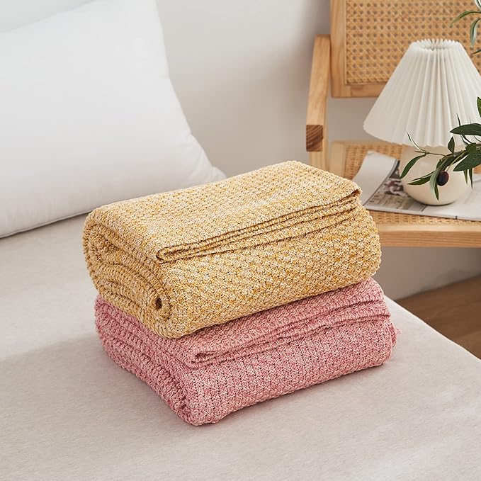 Longhui bedding Dusty Pink Knitted Throw Blanket for Couch, Soft, Cozy Machine Washable 100% Cotton Sofa Knit Blankets, 60 x 80 Inches Oversized, Pink and White Color, Laundry Bag Included