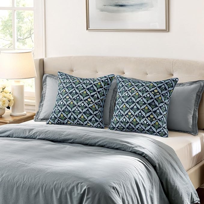 MIULEE Floral Throw Pillow Covers 20x20 Set of 2 Dark Blue Spring Decorative Block Print Cotton Cushion Covers for Couch Living Room, Boho Modern Outdoor Sofa Vintage Garden Pillowcases Home Decor