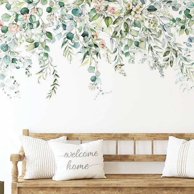 Zonon Flowers Wall Decals Stickers Vinyl Removable Peel and Stick Colorful Dragonflies Floral Wall Murals Decor for Bedroom Living Room Nursery(Greenery)