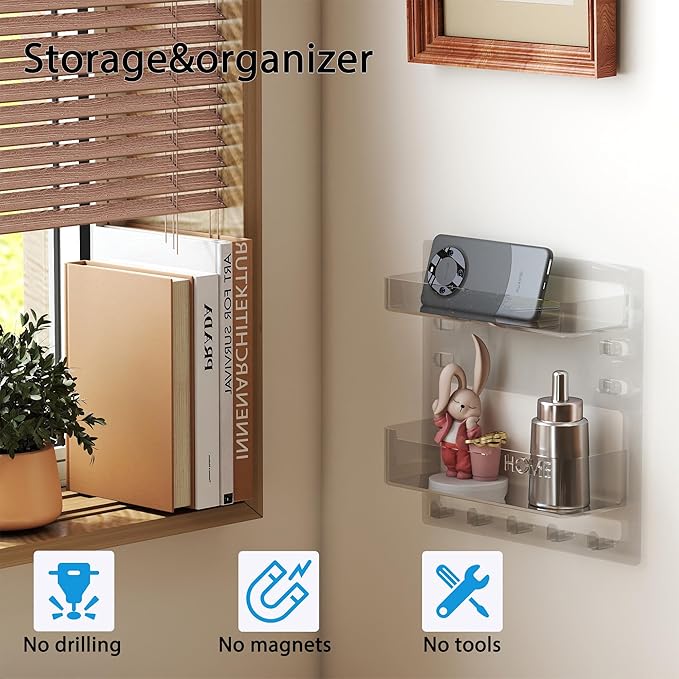 Bedside Wall Shelf Organizer – Floating Acrylic Shelf for Dorm & Bedroom Storage, Adhesive Wall Mounted Organizer for Phone, Remote, Glasses – Minimalist Clear Room Decor (Clear)