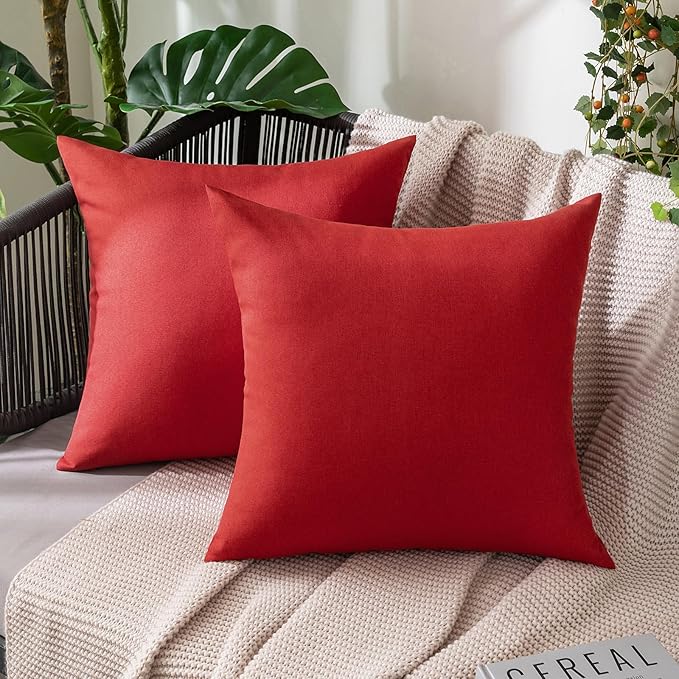 MIULEE Pack of 2 Decorative Outdoor Solid Waterproof Throw Pillow Covers Euro Sham Faux Linen Garden Farmhouse Cushion Cases for Summer Patio Tent Balcony Couch Sofa 26x26 Inch Red