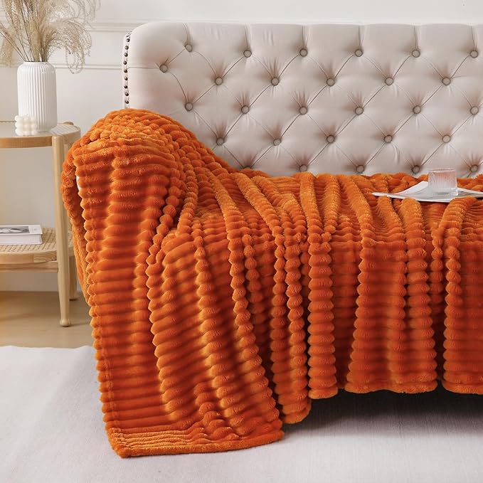 Orange Throw Blanket for Couch Sofa 50x60 inches Striped Fleece Blankets Room Home Decor Lightweight Plush Soft Cozy Gifts for Women Mom Girls