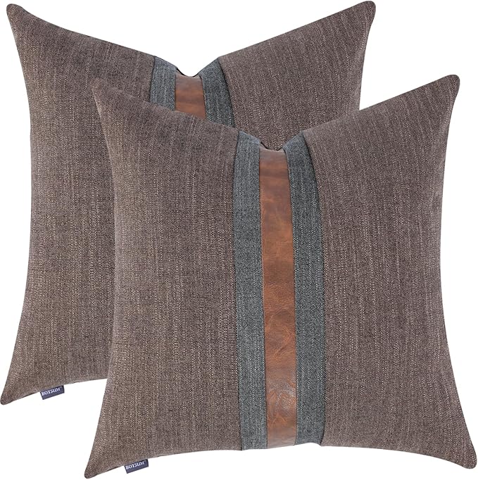 BOYSUM Set of 2 Leather Throw Pillow Covers Cotton Linen Decor Patchwork Pillow Cover Faux Leather Pillows Cover for Couch Sofa Living Room Bedroom,Dark Coffee 16"x16"