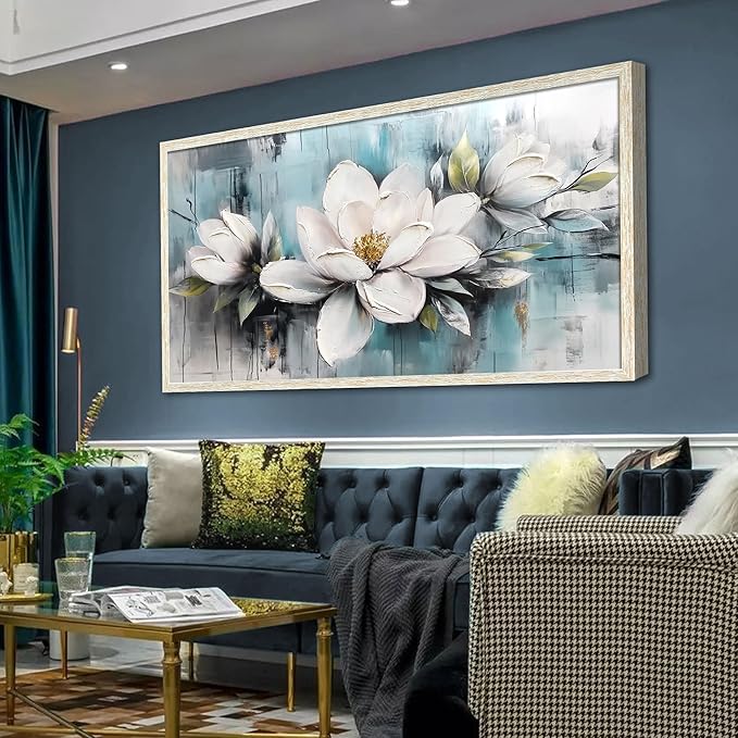 Ardemy Magnolia Wall Art Framed Canvas Wall Decor Living Room, White Floral Picture Wall Decor Teal Painting Flower Textured Large Artwork for Bedroom Dining Room Home Office 48"x24"