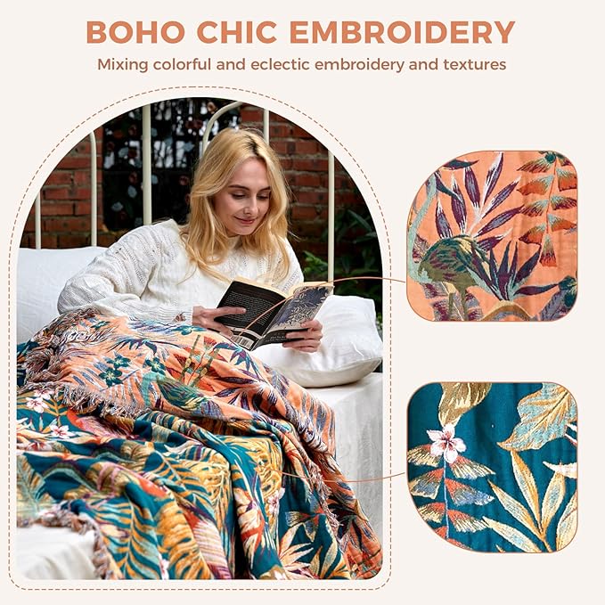 Boho Throw Blanket for Bed Cotton Spring Blankets Bedroom Living Room Twin All Season Lightweight Forest Embroidery Quilt for Couch Sofa Chair 60"x80"