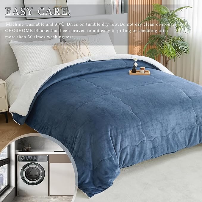 CHOSHOME Sherpa Fleece Blanket- Thick Warm Blanket for Winter, Soft Fuzzy Plush Blanket for Bed, Couch, Travel (Navy Blue, Cal King 96" x 102")
