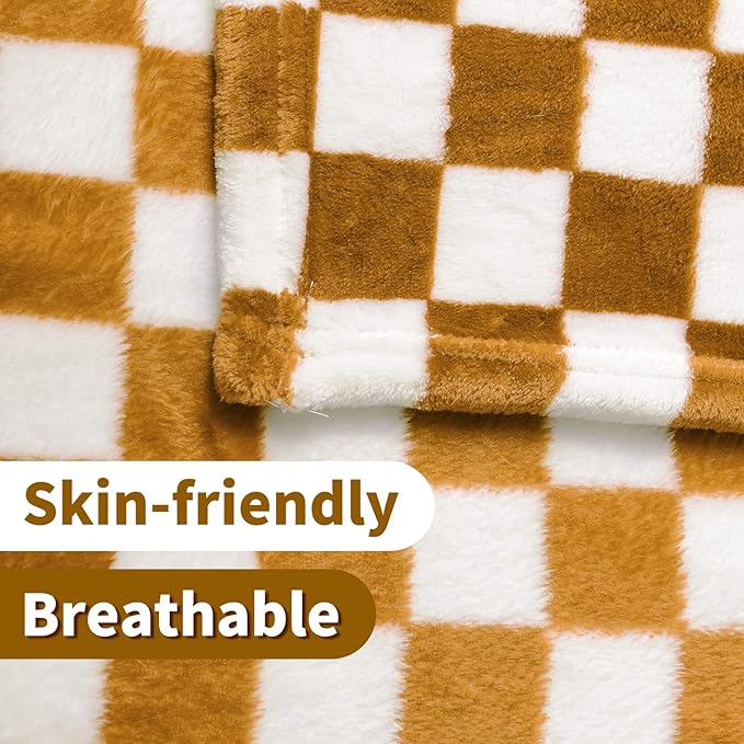 FY FIBER HOUSE Checkered Flannel Fleece Throw Blanket Soft Cozy Checkerboard Grid Print Chessboard Gingham Pattern Blankets for Bed Couch Sofa, 50"x60", Oak