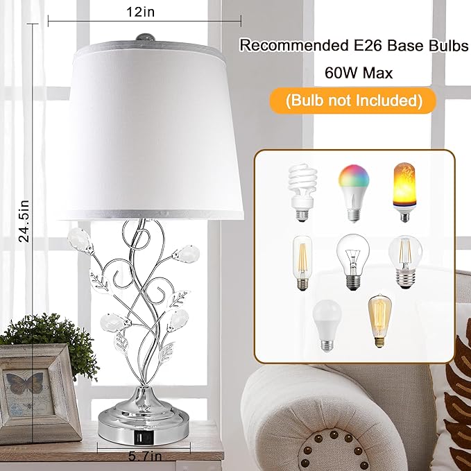 24.5in Modern Table Lamps - Set of 2, Silver with 2 USB Charging Ports, White Bedside Lamps for Nightstand, Unique Vine Leaf Design for End Table Reading