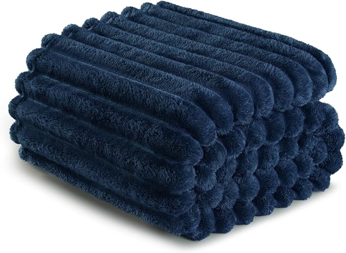 Exclusivo Mezcla Queen Size Flannel Fleece Blanket, Super Soft Striped Jacquard Bed Blanket, Lightweight Fuzzy Cozy for All Seasons, 90x90 Inches, Navy Blue