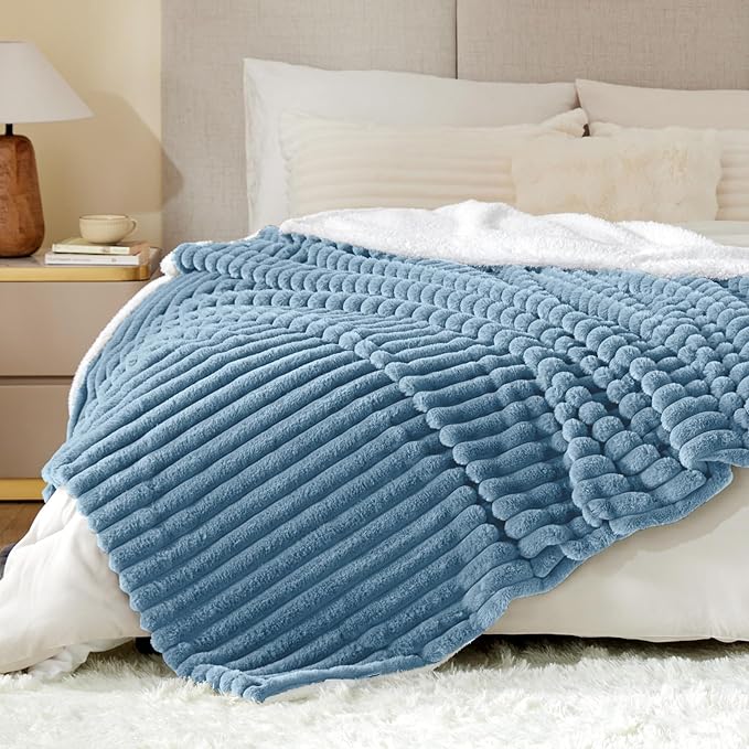 INFIIXSO Sherpa Fleece King Size Blanket - Super Soft & Warm Striped Fleece, Cozy Plush Fluffy Large Bed Blanket All Season Use (Light Blue, 104x90 Inches)