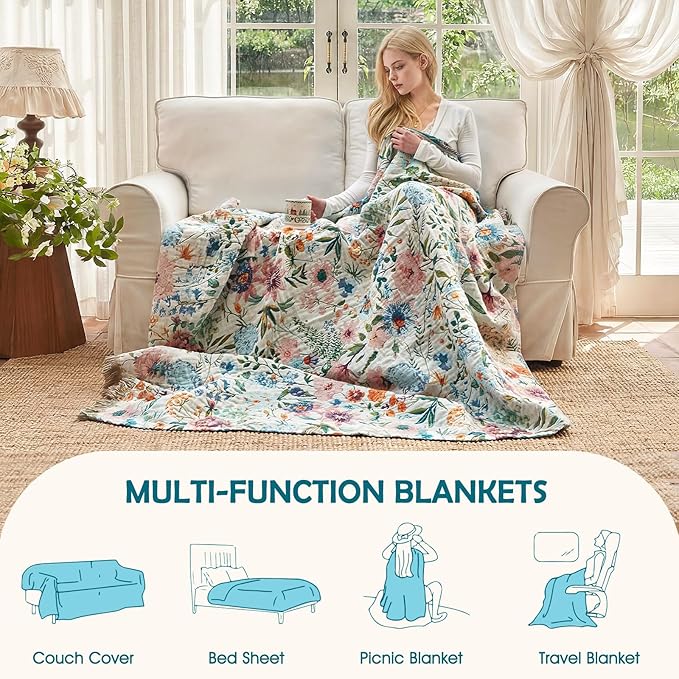 Boho Throw Blanket - 100% Cotton Ultra Soft Muslin Blanket, 50"x60" Lightweight Floral Framhouse Bedding Spring Blanket for Bed, All Season Blue Bohemian Bedroom Home Decor Quilt