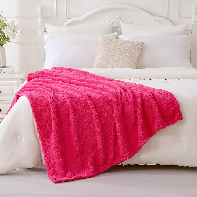 Hot Pink Fleece Throw Blanket 50”×60” for Couch Sofa Bed,Super Soft Cozy Plush Microfiber Flannel Blanket with 3D Checkered Design Lightweight for Adults Woman Girls