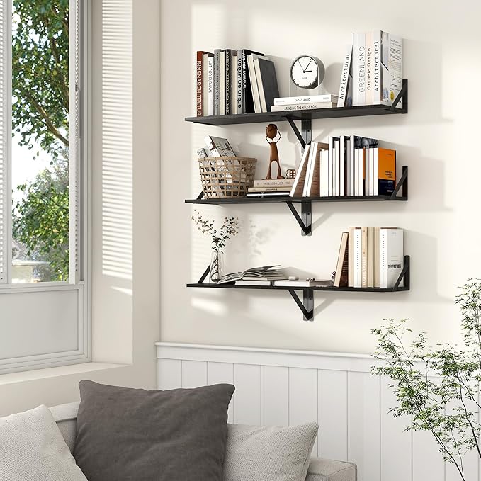 Axeman Floating Shelves for Wall, 16W x 8D Black Floating Shelves Set of 2, 8 Inch Deep Wall Mounted Shelves for Bookshelf Living Room Bedroom Home Office Bathroom