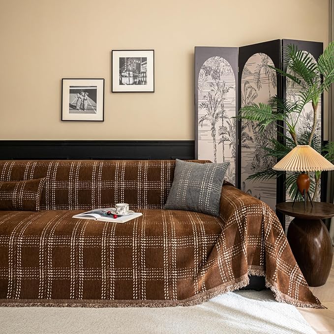HANDONTIME Plaid Sofa Cover for 3 Cushion Couch, Washable Checkered Couch Slipcover White Geometric Dog Couch Cover Blanket Pet-Friendly Chenille Furniture Protector Sofa Covers(Dark Brown, 71"x118")