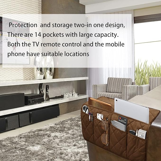 Sofa Armrest Organizer Waterproof Armchair Caddy Remote Control Holder for Recliner Non Slip Recliner Organizer Chair Arm Organizer with 14 Pockets for TV Remotes, Books, Magazines, iPad