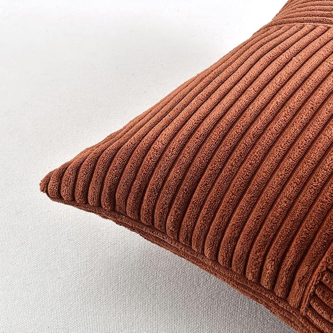 Fancy Homi 2 Packs Rust Lumbar Decorative Throw Pillow Covers 20x28 Inch for Couch Bed Sofa, Rustic Farmhouse Boho Home Decor, Soft Striped Corduroy Rectangle Accent Terracotta Cushion Case 50x70 cm