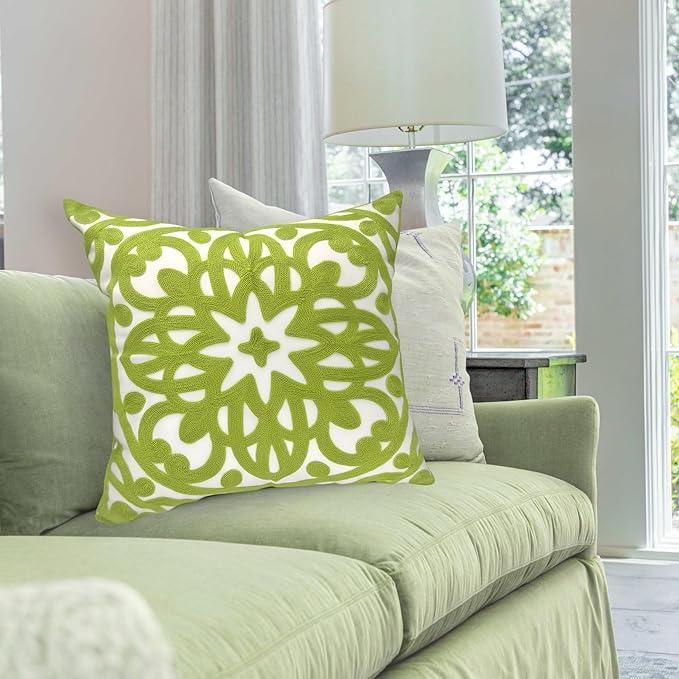 Alysheer Embroidered Summer Decorative Throw Pillow Covers 18"x18" Set of 2, Classic Boho Mandala Green Pattern Cotton Canvas Chic Cushion Cases for Sofa Couch Bed Living Room Decor (Chartreuse Green)