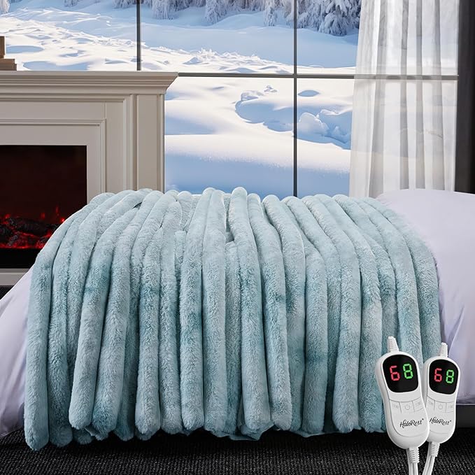 Heated Throw Blanket, Faux Fur Cozy Heating Blanket with Overheat Protection, 1/2/4/6/8 Hours Auto-Off 10 Heat Level, Machine Washable (84x90 Inches, Blue)