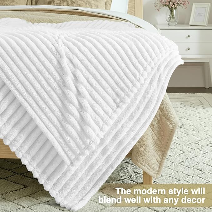 decorUhome Soft Fleece White Twin Blanket for Bed, Cozy Fluffy Plush Flannel Striped Throws for Couch Sofa, Lightweight Decorative Ribbed Fuzzy Blanket for Woman, 60x80 Inches