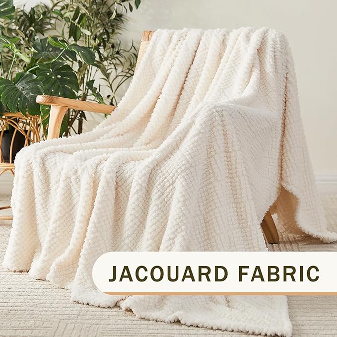 EMME Fleece Blanket, 3D Jacquard Throw Blanket for Couch and Bed, Soft Cozy and Fluffy Blankets Lightweight Luxury Flannel with Waffle Design (Ivory, 60" x 80")