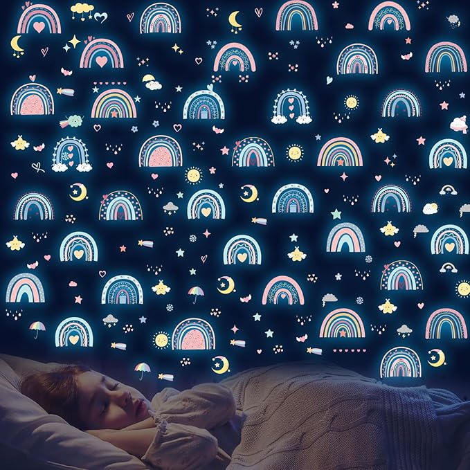 Glow in The Dark Boho Rainbow Wall Decals,Glowing Luminous Small Rainbow Wall Stickers Colorful Removable self-Adhesive Rainbow Sun Moon Star Heart Decals for Girls Bedroom Decoration