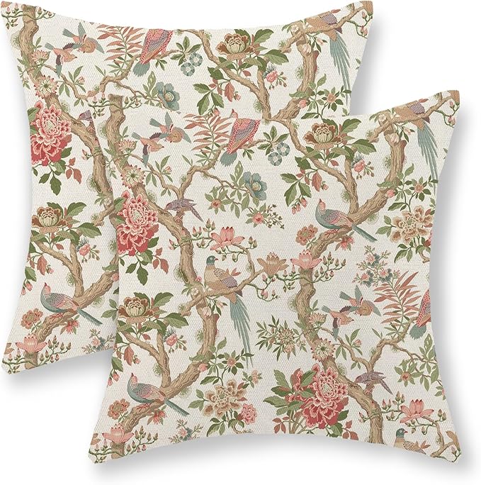 Chinoiserie Pillow Covers 20x20 Set of 2 Pink Green Bird Floral Throw Pillows Vintage Pink Flower Bird Decorative Pillow Cases Outdoor Chinoiserie Decor Farmhouse Cushion Case for Couch Sofa