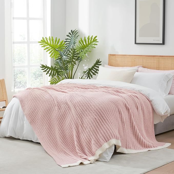 Snuggle Sac Pink Throw Blanket for Couch, Soft Cozy Ribbed Fluffy Blankets for Women, Warm Microfiber Knit Cute Throws for Girls Daughter Women Gifts for Mom, Pink, 50x70 inches