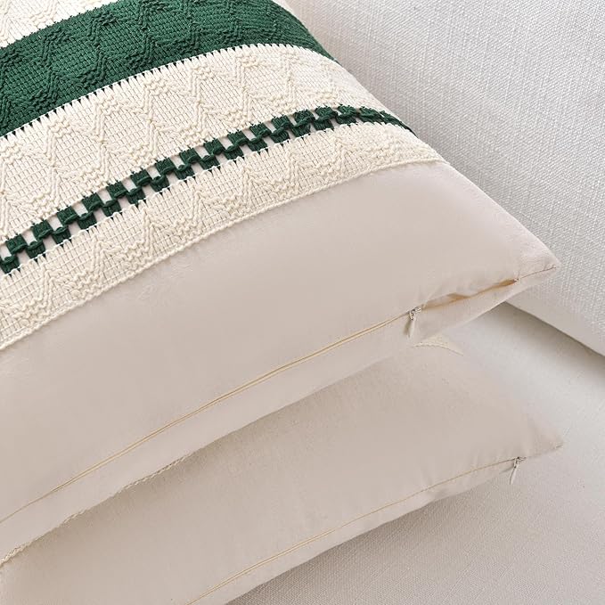 Fancy Homi Set of 2 Dark Green Boho Decorative Throw Pillow Covers 20x20 Inch for Couch Bed Sofa Bedroom Indoors, Modern Farmhouse Vintage Forest Green Living Room Decor