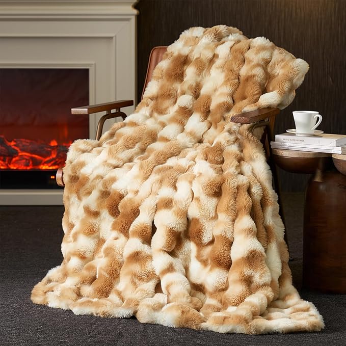 Amélie Home Faux Fur Throw Blanket for Couch, Ultra Soft Fuzzy Plush Bubble Throw for Sofa, Living Room & Home Decor, 50"x60", Tie-dye Khaki