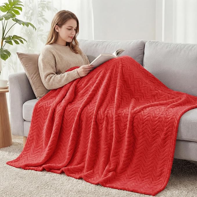 Exclusivo Mezcla Soft Fleece Throw Blanket for Couch, Cozy Lightweight Blankets with Decorative Wave Textured Suitable for All Season Use, Red, 50x70 Inches