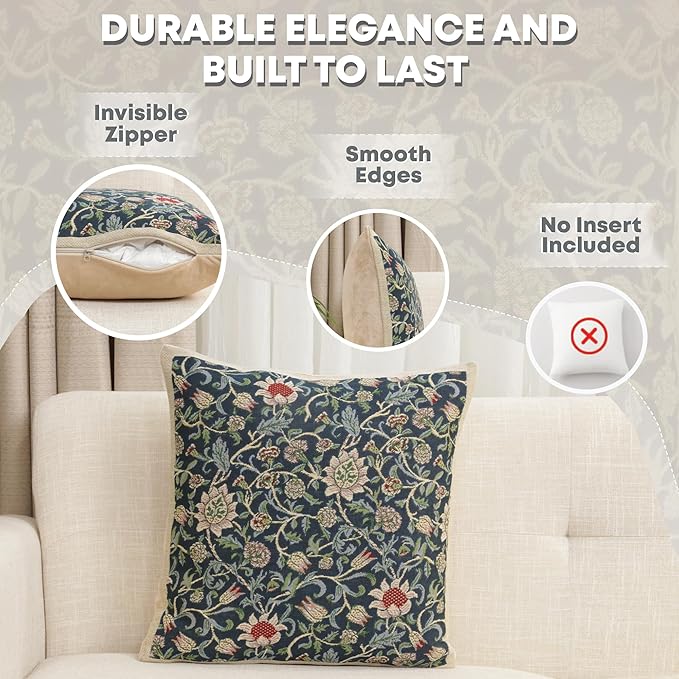 Charlotte Home Furnishings Throw Pillow Covers 16x16 in Blue Flowers Decorative Couch Pillow Cover Boho Decor European Tapestry Cushion Cases Living Room Cozy Home Decor Jacquard Woven Soft Cotton