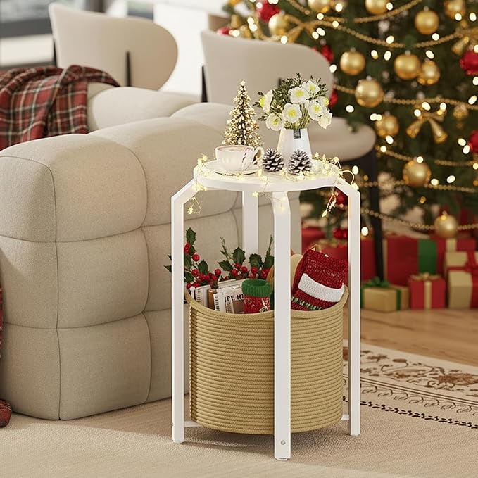 TUTOTAK Small Side Table, Round End Table, Night Stand, Bedside Table, Sofa Table with Storage Basket, Living Room, Bed Room, White and Beige TB01BWN092