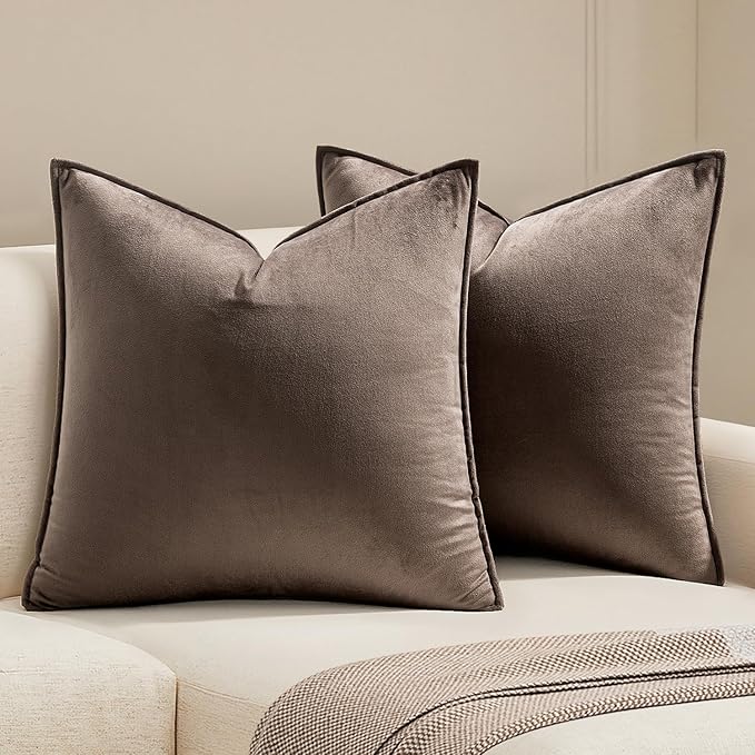 MIULEE Dark Coffee Velvet Throw Pillow Covers 24x24 Soft Decorative Solid Square Euro Sham Cushion Cases Pack of 2 Modern Luxury Home Decor for Couch, Sofa, Bedroom