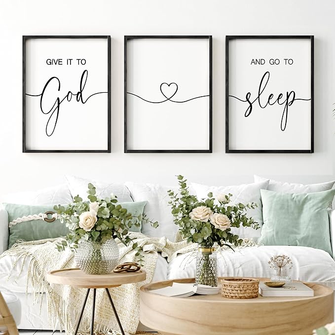 Heiple Give It to God and Go to Sleep Sign Set of 3 Above Bed Wall Decor Farmhouse Bedroom Decor Wood Framed Art Rustic Master Bedroom Essentials Home Decoration (Black, 11”x14”)