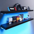 BAMEOS RGB LED Floating Shelves for Wall, 35" Wall Mounted Wooden Shelves with Invisible Brackets, Set of 2, Hanging Wall Shelves for Bedroom, Living Room, Kitchen, Study(Black)