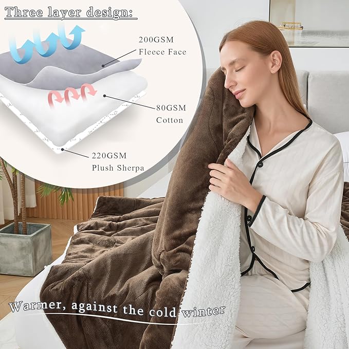 CHOSHOME Sherpa Fleece Blanket- Thick Warm Blanket for Winter, Soft Fuzzy Plush Blanket for Bed, Couch, Travel (Brown, King 90" x 108")