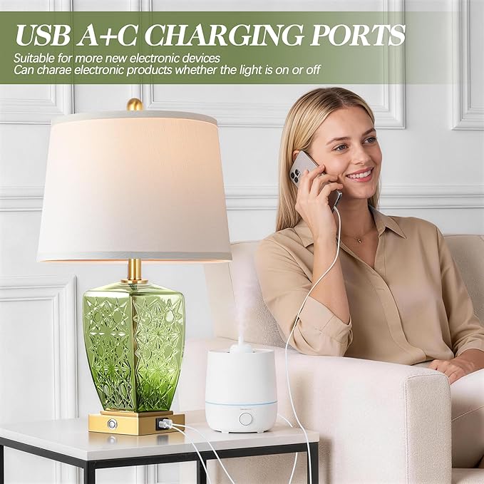 QiMH Glass Table Lamps for Living Room, Modern Bedside Lamps for Night Stands with USB A+C Ports, 3-Way Dimmable Touch Lamp for Bedroom Set of 2 with White Linen Shade Home Decor, Green