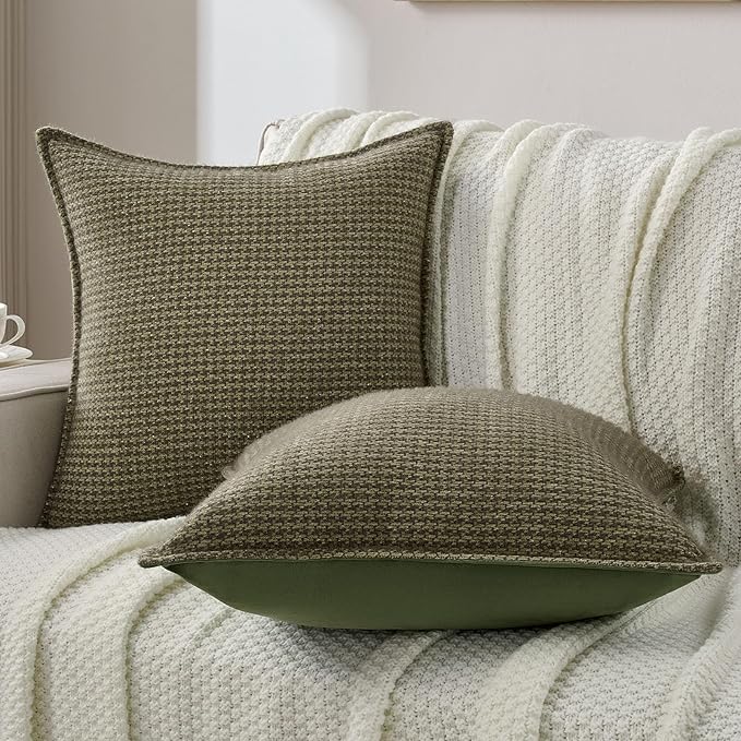 FUTEI Olive Green Decorative Throw Pillow Covers 22x22 Inch Set of 2,Soft Houndstooth Gingham Textured Cushion Case,Modern Home Decor for Couch Bed Living Room