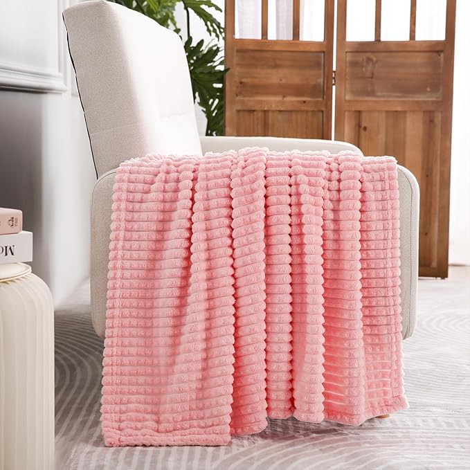 Puncuntex Flannel Fleece Throw Blanket Light Pink 60"×80",Super Soft Plush Cozy Blanket with Square Grid Design Luxury for Couch Sofa Chair