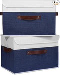 ANMINY 2PCS Storage Boxes with Lid Washable Decorative Storage Bin Basket with PU Leather Handle Foldable Linen Fabric Storage Cube Container for Home Closet Organizer - Deep Blue White, Large Size