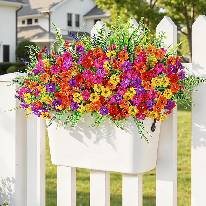 Alupssuc 24 Bundles Artificial Flowers for Outdoors Spring Decoration, UV Resistant Faux Eucalyptus Violet and Lavender Silk Fake Plants for Outside Indoor Decor, Red Rose Purple Yellow Orange
