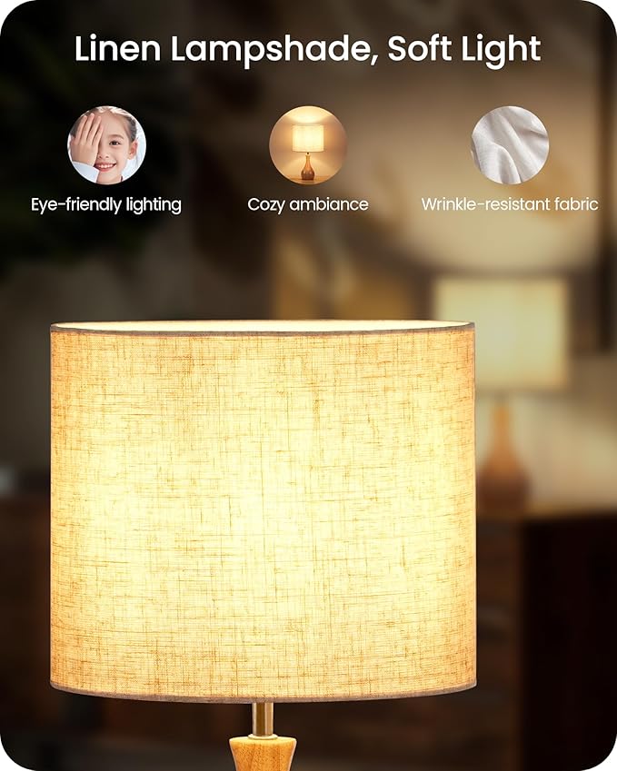 Small Table Lamp, Wood Desk Lamp with Beige Linen Lampshade & Natural Wood Bottle-Shaped Base, Modern Bedside Lamp with Cable, E26 Base, Bulb Not Included, for Bedroom, Kid's Room, ME09TL05