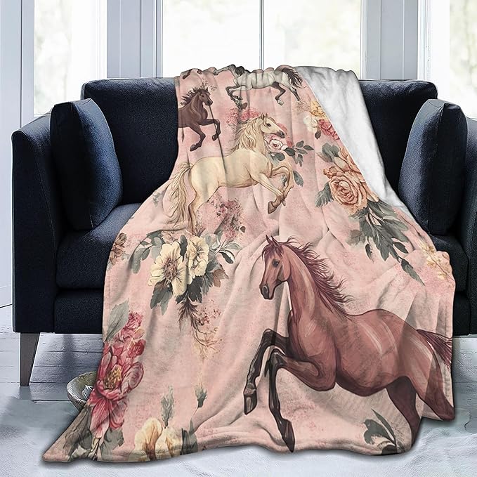 Horse Throw Blanket Soft Warm Cozy Horses Floral Blankets Fuzzy Plush Fleece Horse Blanket Gifts for Couch Bed Sofa Home Decor 40''X50''