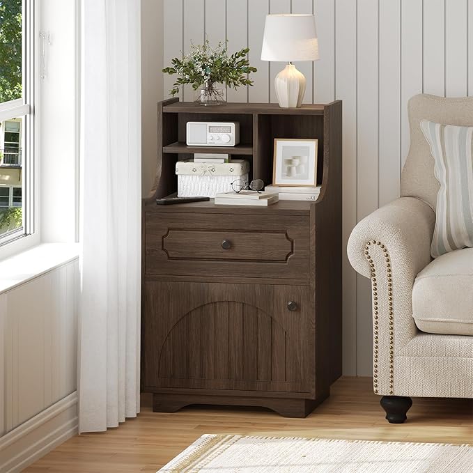 4ever2buy Farmhouse Night Stand with Storage Hutch for Bedroom Engineered Wood Bedside Table with Drawer 30.31 inch Tall Nightstand End Table Dark Oak