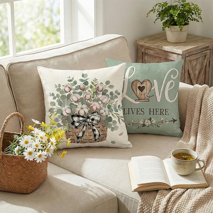 ONFAON Spring Pillow Covers 18x18, Farmhouse Eucalyptus Leaves Throw Pillow Covers Truck Home Sweet Home Cushion Case Decorations Set of 4