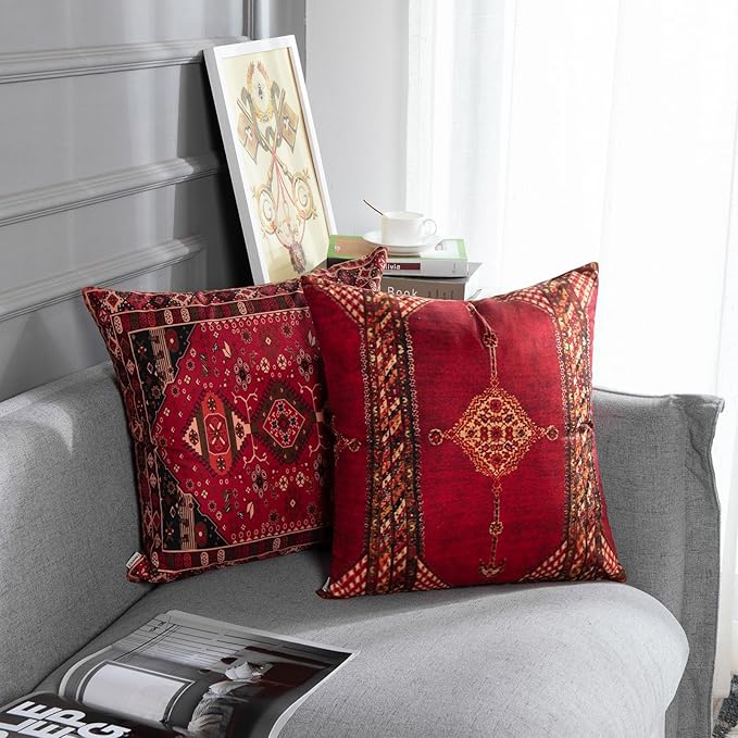 Britimes Throw Pillow Covers Geometric Kilim Moroccan Home Decor Set of 4 Oriental Ikat Pillow Cases Living Room Decorative 16 x 16 Inches Cushion Couch Sofa Pillowcases Colorful Red Tribal